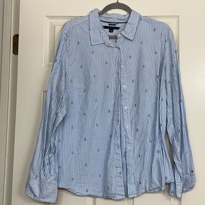 Tommy Hilfiger XXL blue and white striped button up blouse with anchor details